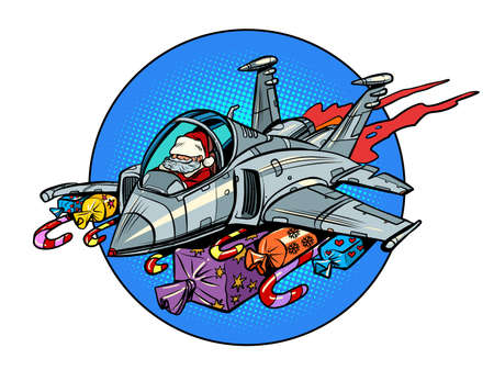 Santa Claus is flying on a stormtrooper plane with gifts instead of bombs. Christmas and New Year winter holidaysのイラスト素材