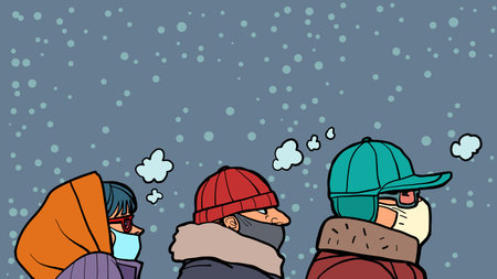 people in medical masks in winter in the cold, a pandemic in season. Coronavirus epidemicのイラスト素材