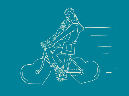 a couple in love rides a bicycle, a red valentine heart instead of wheels. Valentines dayのイラスト素材