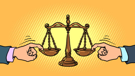 corrupt court concept. Politicians influence the judge. scales of justice, a symbol of judicial power and an honest decision, a weight meterのイラスト素材