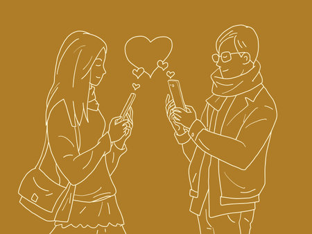 love valentine heart red a couple of a man and a woman with phones, dependence on online social networksのイラスト素材