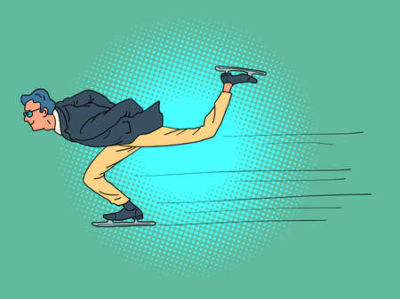 male businessman cross-country skating speed race, winter sports