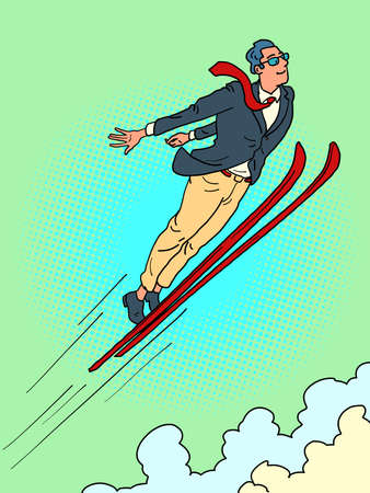 male businessman jump from ski jump, winter sportsのイラスト素材