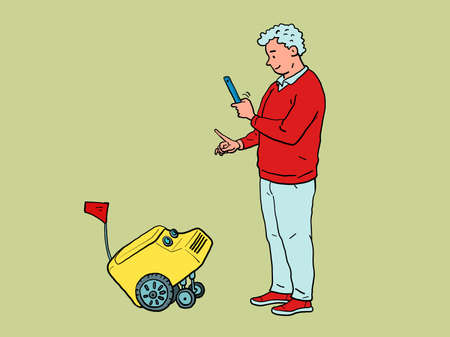 A man and a delivery robot, training like a pet, a drone courierのイラスト素材