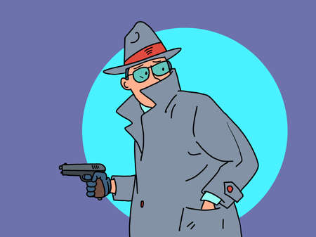 Detective with a gun in his hands. a private detective, a man in a coat, hat and glassesのイラスト素材