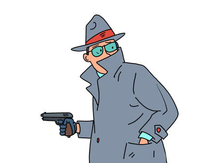 Detective with a gun in his hands. a private detective, a man in a coat, hat and glassesのイラスト素材