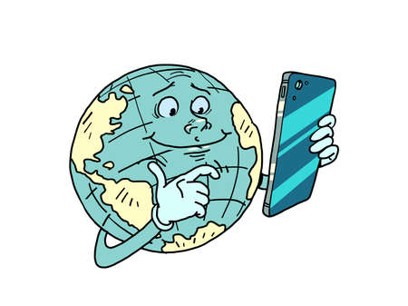 planet earth character with phone, global connection, internetのイラスト素材