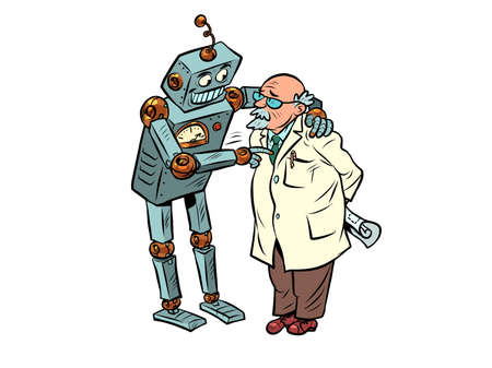 The robot talks to the professor, artificial intelligence and the human mind. Two friendsのイラスト素材