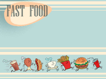 Fast food products restaurant menu background. Burger fries drink cola chicken leg hot dog coffee cupのイラスト素材