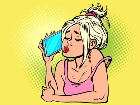 A young woman speaks on the phone. Smartphone in hand. Modern gadgets, mobile communication, internetのイラスト素材