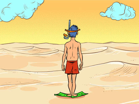 a man in a scuba diving mask stands in front of the desert sands, there is no water. Global warming ecology conceptのイラスト素材