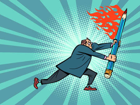 fire flame hot businessman with a pencil, office work. A male engineer. Office tools, office suppliesのイラスト素材
