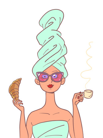 Woman eats breakfast with croissant and coffee. Business woman in the morning after a bathのイラスト素材
