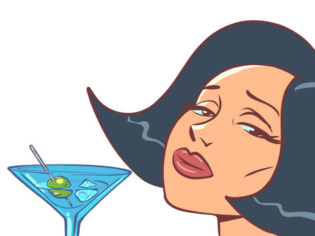 Woman with alcoholic cocktail. Sad party, lonely girlのイラスト素材