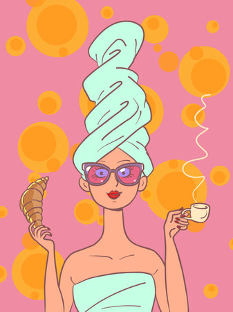 Woman eats breakfast with croissant and coffee. Business woman in the morning after a bathのイラスト素材