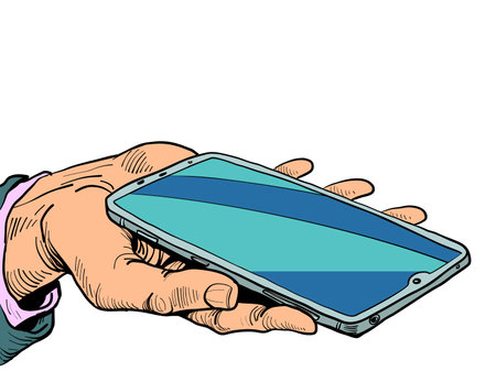Technology is in our hands. Smartphone control. Phone in hand. Business man holding a smartphone.のイラスト素材