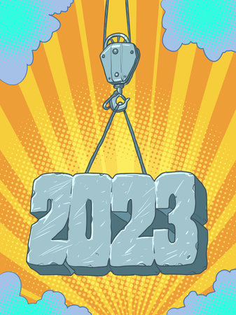 Tower crane holds 2023. Tower crane holds steel and iron 2023. Construction company announces the coming 2023.のイラスト素材