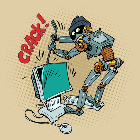 A humanoid robot robber and a thief in a cap hacks into your computer. The problem of security and authentication in the digital space. Attack of hackers on your system.のイラスト素材