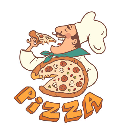 A man in a cap and a chefs uniform is holding and eating pizza. Italian signature restaurant. Delivery of the most delicious and fresh food. Product quality assurance.のイラスト素材
