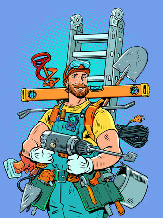 A man with red hair and a beard organizes his household and work affairs, where he uses many tools. The worker is ready to perform any task related to the repair.のイラスト素材