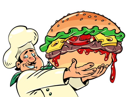 chef with a huge burger, fast food street restaurant. Delicious cheeseburgerのイラスト素材