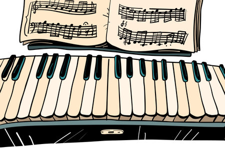 Shop with musical instruments. Piano with notes. Life is classical music. black and white keysのイラスト素材