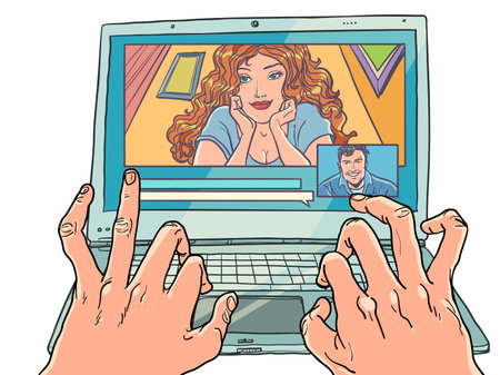 Romantic relationships at a distance. Quality network connection. Communication between friends using video conferencing messengers and video callsのイラスト素材