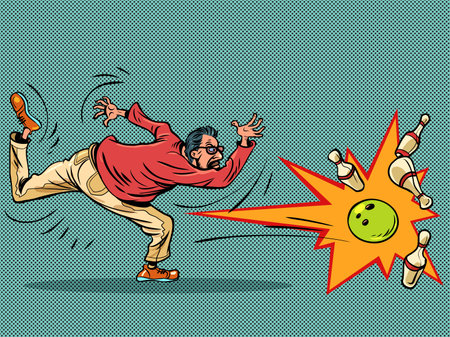 Entertainment club for everyone. Sport games. An adult man plays bowling and knocks down skittles.のイラスト素材