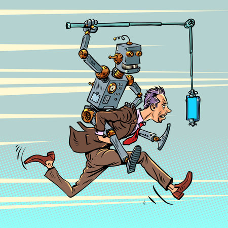 Artificial intelligence controls humanity. The threat of technology development without limits. The man carries the robot and runs for the phone.のイラスト素材