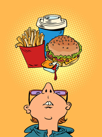 Thinking about delivering delicious fast food to your home. Bad food for our health, and we still want it. A man with glasses looks up, and there are french fries, a burger, soda and sauce.のイラスト素材