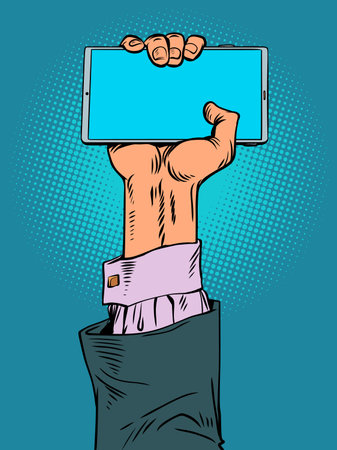 Humanity dependence on technology and the Internet. An important component of the office is its local network. The human hand holds the phone vertically.のイラスト素材