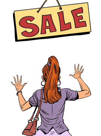 Promotions for store customers. Expectation from the upcoming black friday. A girl with red hair looks at the sign "SALE"のイラスト素材