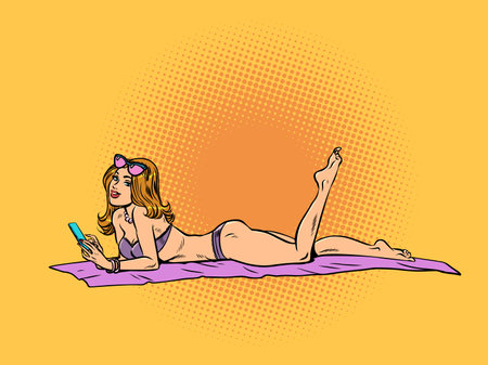 Vacation in a sunny resort. Skin care in the sun. A beautiful girl in a bikini and sunglasses lies on a towel.のイラスト素材