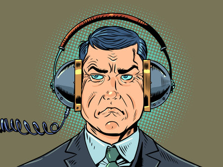 Problems of security and privacy of the modern world. State surveillance of the actions of its citizens. A strict man in a suit eavesdrops on other peoples conversations through headphones.のイラスト素材