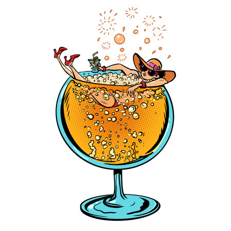 A girl floats in a glass of alcohol. Summer offers for tourists at the resort. Seasonal menu for bars, restaurants and pubs.のイラスト素材