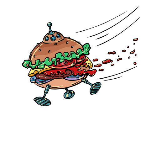 The burger flying machine flies at high speed. Fast food delivery quickly and efficiently. International coverage of a fast food establishment with delicious food.のイラスト素材