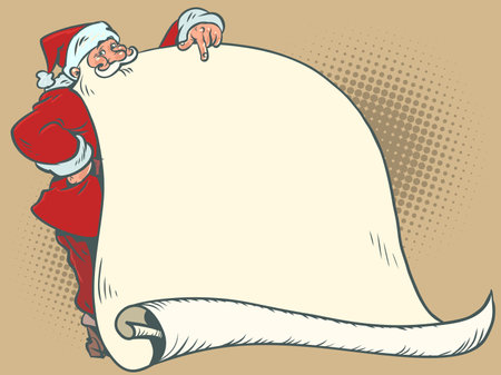 Santa Claus points to his beard, wish list. The upcoming New Year holiday and gifts. List of gifts for family and friends for Christmas.のイラスト素材