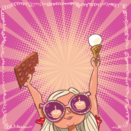 A girl with glasses holds sweets and looks at the cake. Sweet birthday gifts for the birthday girl. Shop for candies, sweets and holiday decorations.のイラスト素材