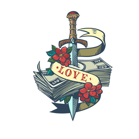 The sword pierces money with the inscription love. The problem of finances for the sake of good relationships. The primacy of love and feeling over money.のイラスト素材