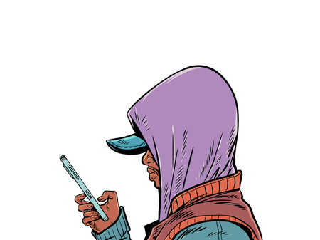 A man in a hood looks at the phone. Searching for information on the Internet. Be private online.のイラスト素材