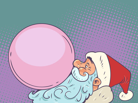 Santa Claus blows up a bubble gum ball. Coming Christmas and New Year with mascot. Discounted sweets in honor of winter holidays.のイラスト素材