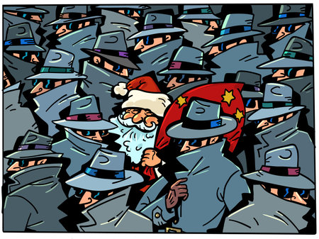 Security of personal data and information. Tracking gifts and purchases by scammers. Detectives, agents, scammers around New Year Santa Claus.のイラスト素材