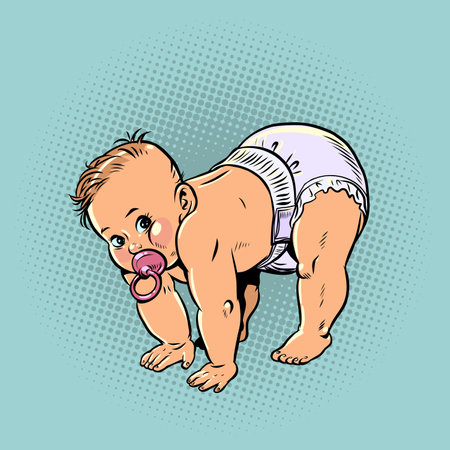 Raising a baby and its first achievements. A small child with a pacifier. Advertisement and offer for children and parents.のイラスト素材