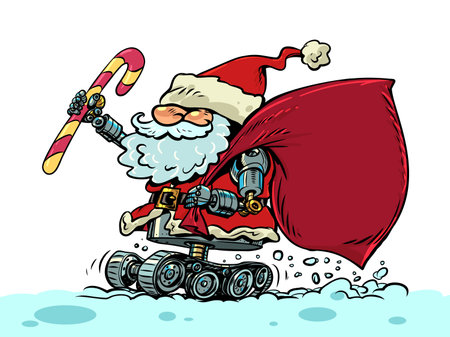 Santa Claus delivers gifts for the holiday. Christmas and New Year purchase a gift for loved ones. Cyber Santa Claus on mechanical wheels.のイラスト素材