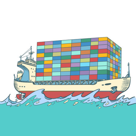 International maritime trade. A container ship sails in the ocean. American trade through the Panama Canal.のイラスト素材