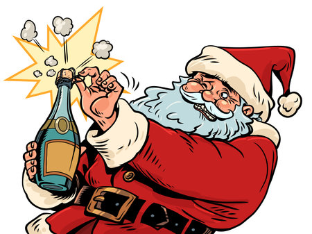 Santa Claus opens champagne. Celebrating New Year and Christmas. Explosive discounts for gifts for the coming New Year.のイラスト素材
