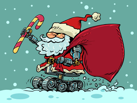 Santa Claus delivers gifts for the holiday. Christmas and New Year purchase a gift for loved ones. Cyber Santa Claus on mechanical wheels.のイラスト素材