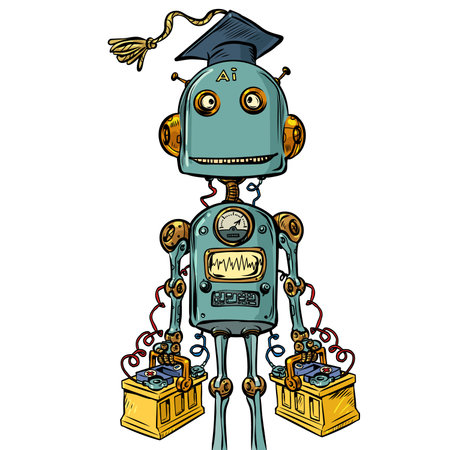 Vintage robot learning. AI with a student hat. Education collides with artificial intelligence.のイラスト素材