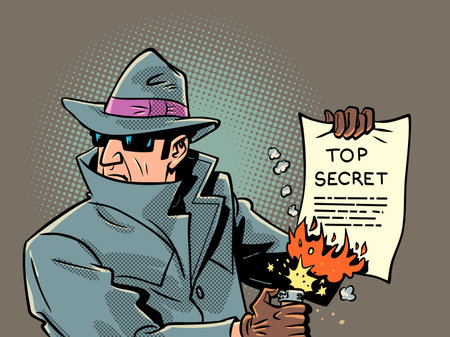 Male spy burns evidence. Security and privacy in the modern world. Criminal hides traces of crime.のイラスト素材