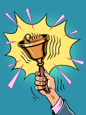 Hand rings the bell. New notifications and news. Announcement of upcoming discounts and promotions.のイラスト素材